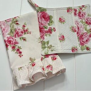 Shabby Chic Cottage Roses Farmhouse Decorative Tea Dish Towel and Pot Holder Set